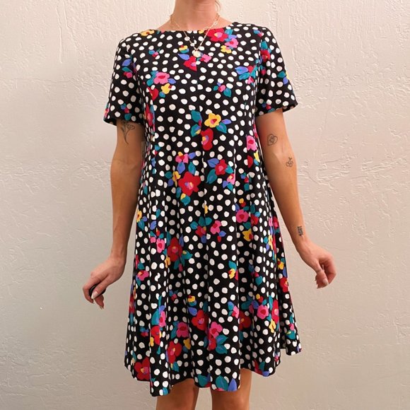 Vintage Black Funky Floral Dot Printed Short Sleeve Mini Dress - Picture 5 of 7